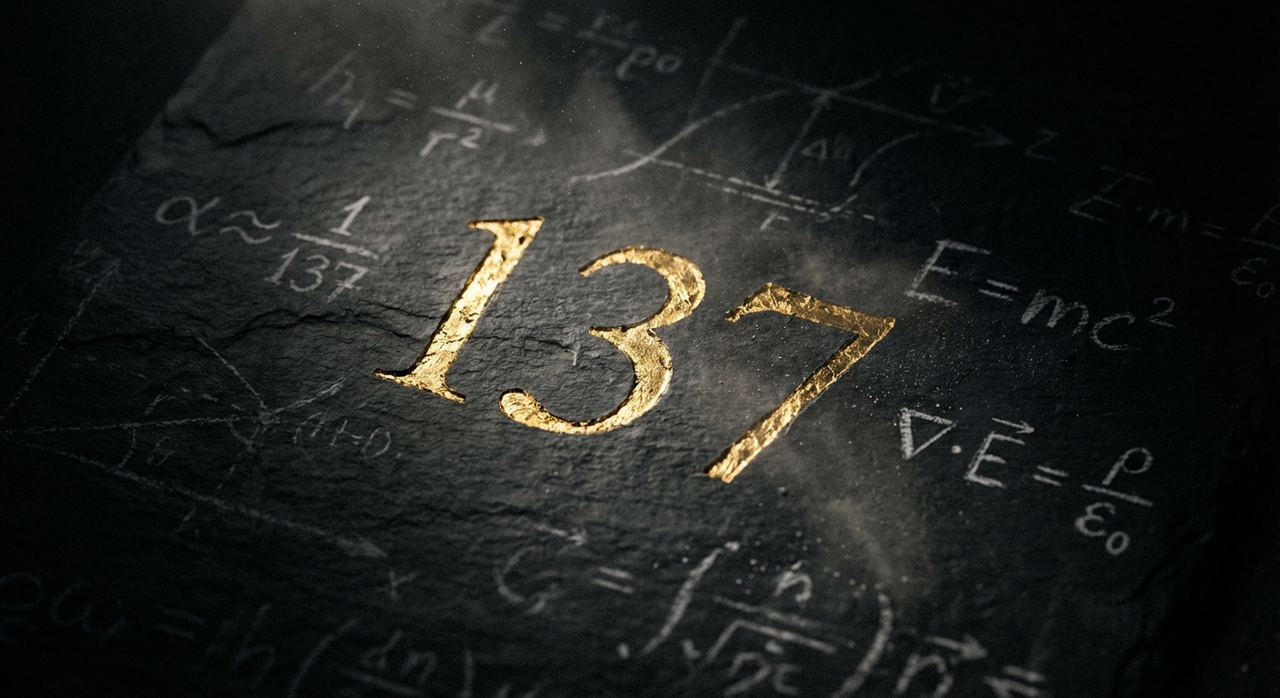The number 137 etched in gold on dark slate with fading physics equations